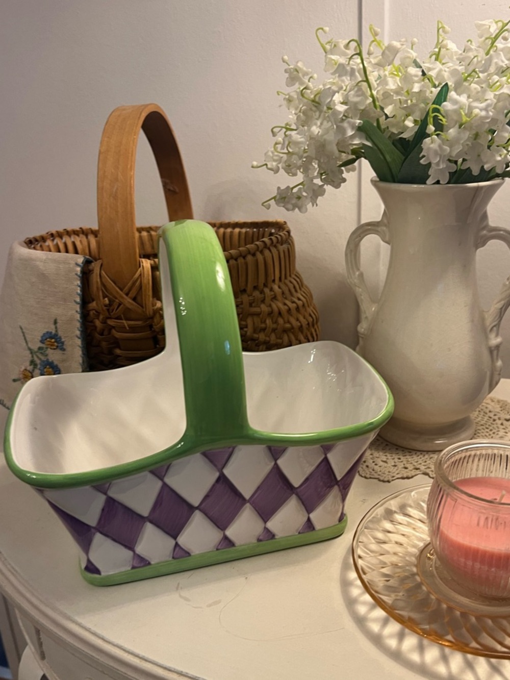 Green and Purple Ceramic Basket with Handle - Decorative Home Accent